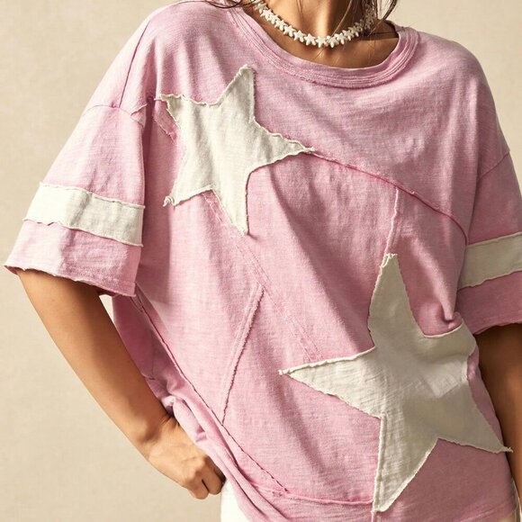 Pink Casual Women's Boho Knit Round Neck Short Sleeve Loose Fit Washed T-Shirt - Picture 5 of 7